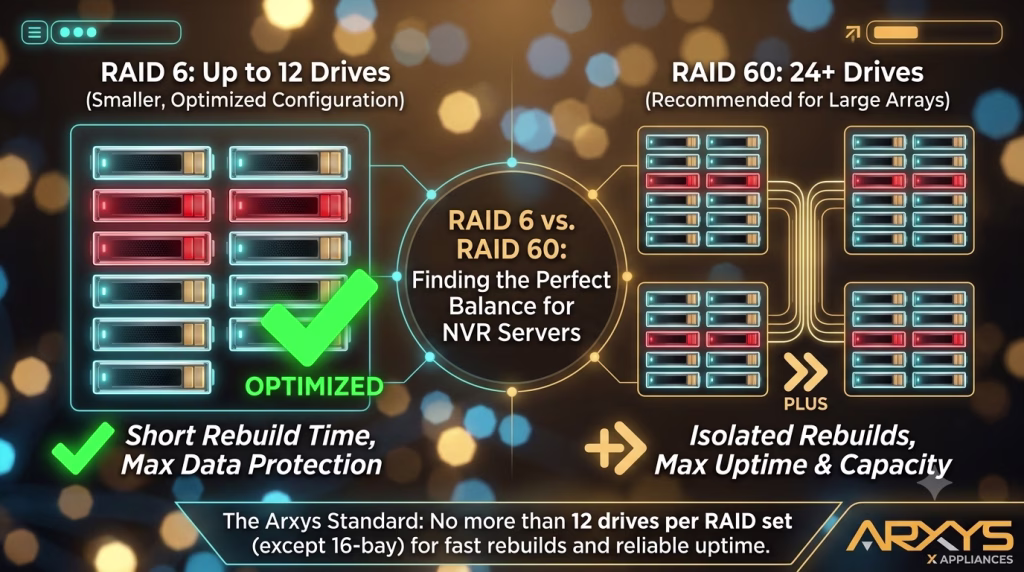 Diagram of RAID 60 array showing three 12-drive RAID 6 sets striped together in a video surveillance NVR server