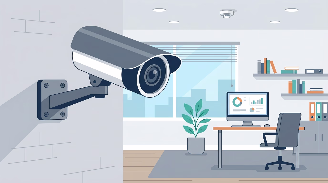 a video surveillance bullet camera on a wall in an office, no people, graphical style not photo realistc