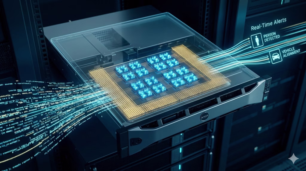 Conceptual visualization of an Arxys VideoX appliance processing 4K AI metadata using AMD EPYC chiplet architecture, showing data flowing into the CPU and transforming into real-time alerts.